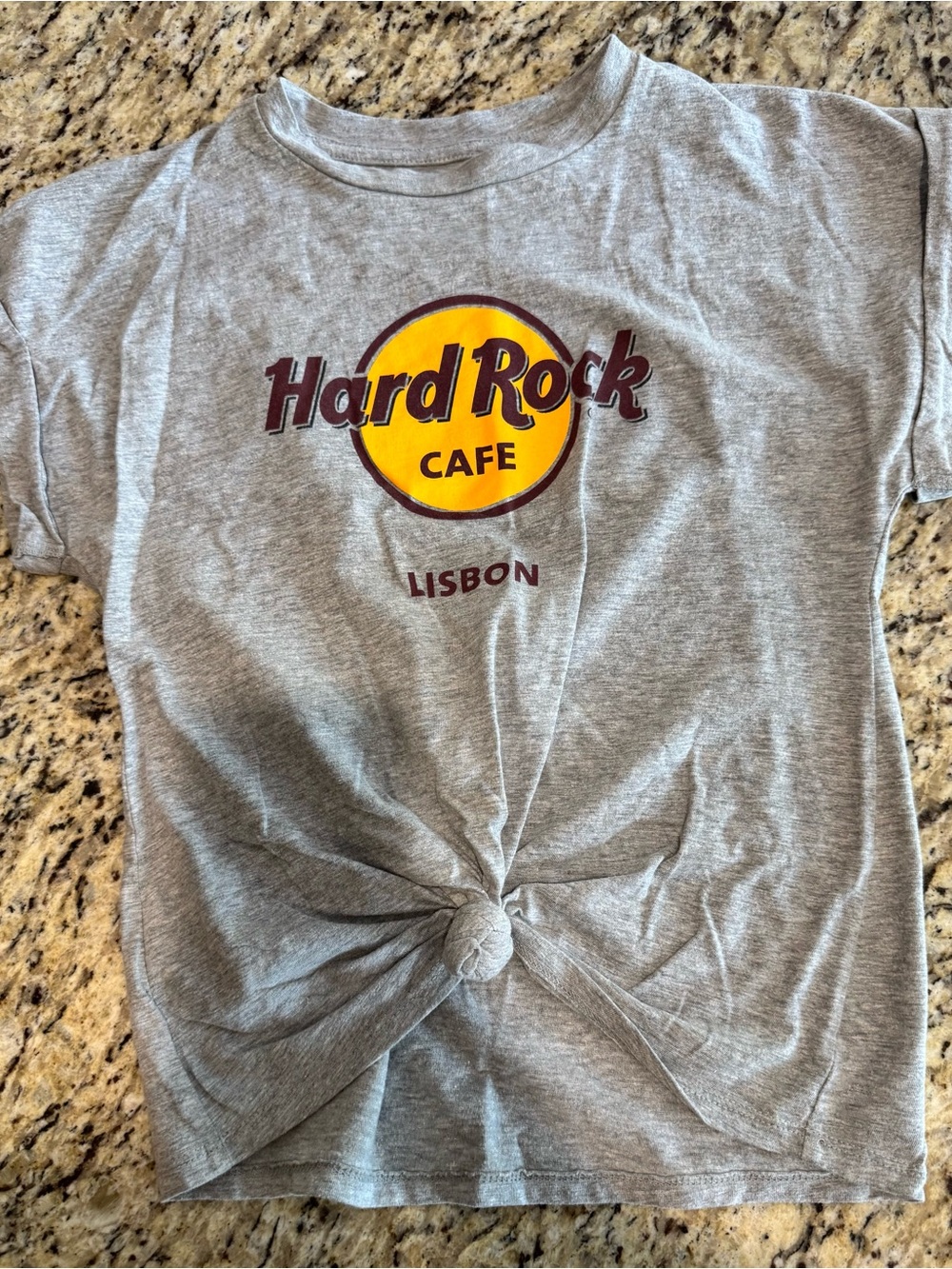 Hard Rock Cafe Gray Crop Tee with Yellow & Maroon Lisbon Logo